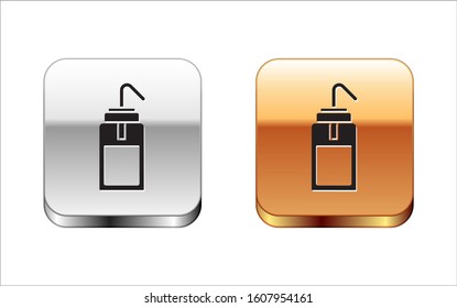 Black Laboratory wash bottle for chemistry and science lab icon isolated on white background. Equipment for spraying water and solvents. Silver-gold square button. Vector Illustration