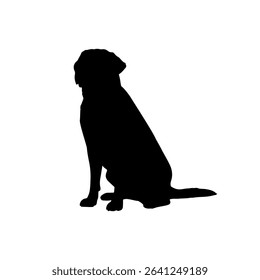 Black Labrador retriever sitting silhouette vector flat illustration on white background.