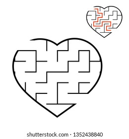 Black labyrinth heart. Game for kids. Puzzle for children. Maze conundrum. Valentine's Day. Flat vector illustration isolated on white background. With answer