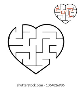 Black labyrinth heart. Game for kids. Puzzle for children. Maze conundrum. Valentine's Day. Flat vector illustration isolated on white background. With answer