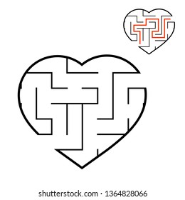 Black labyrinth heart. Game for kids. Puzzle for children. Maze conundrum. Valentine's Day. Flat vector illustration isolated on white background. With answer