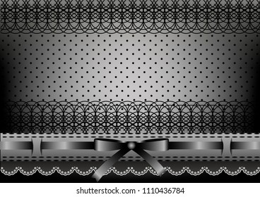 Black lace background in polka dots with bow. Glamorous background. Vector illustration.