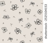 Black lace bows and ribbon seamless pattern. Cute bow knots repeat background, fashion print, gift ribbons, hair braiding accessory wallpaper, textile design, fabric. Hand drawn vector illustration.
