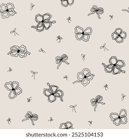 Black lace bows and ribbon seamless pattern. Cute bow knots repeat background, fashion print, gift ribbons, hair braiding accessory wallpaper, textile design, fabric. Hand drawn vector illustration.