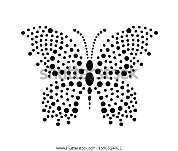 Black lace butterfly fly on white background. Butterfly shape drawn with many points. Dotted object for laser cut. Design element for multi level stretch ceiling. Dots in shape of butterfly.