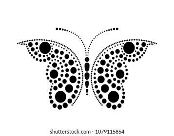 Black lace butterfly on white background. Dots in shape of butterfly. Butterfly shape drawn with many black dots. Dotted object for laser cut. Design element for multilevel stretch ceiling.