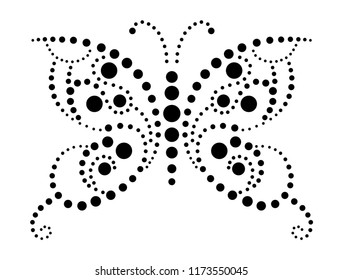 Black lace butterfly on white background. Dots in shape of butterfly. Butterfly shape drawn with many black dots. Dotted object for laser cut. Design element for multilevel stretch ceiling.