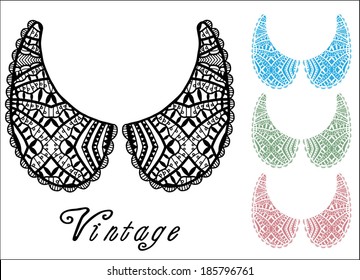 Black lace collar, retro vintage style, colorful lace pattern set, hand drawn artwork, isolated icons on white
