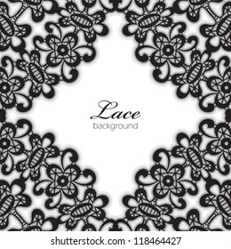 Black lace, decorative frame on white, vector monochrome background