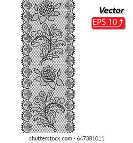 Black lace design background, ornamental flowers band Abstract Lace Ribbon Seamless Pattern isolated on white. Template frame Lace Doily. Floral background border vector illustration