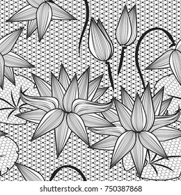 Black lace design background, ornamental flowers band Abstract Lace Ribbon Seamless Pattern. Template frame Lace Doily. Floral lotus background border vector illustration