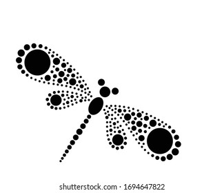Black lace dragonfly on white background. Dots in shape of dragonfly. Dragonfly shape drawn with many black dots. Dotted object for laser cut. Design element for multi level stretch ceiling.