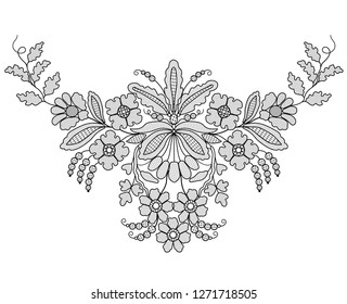 Black lace floral element on white background