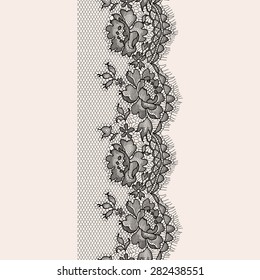 Black Lace Floral Ribbon. Vertical Seamless Pattern.