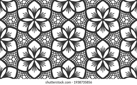 Black lace flower seamless pattern. Endless floral background. Decorative spring textile print design. Vintage geometric wrapping paper ornament. Fabric buds carved carpet. Nature plant repeat tile