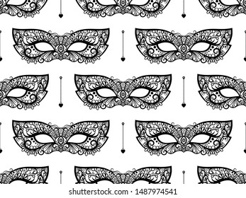 Black lace mask seamless pattern vector design on white backdrop