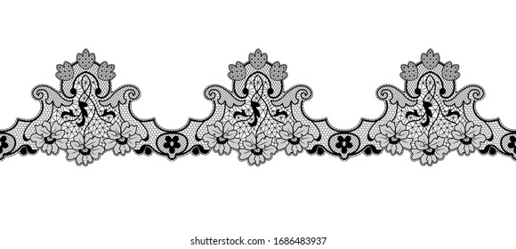 Black lace ribbon with floral pattern on a white background