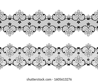 black lace ribbons with floral pattern on a white background