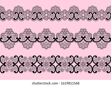 black lace ribbons with floral pattern on a pink background