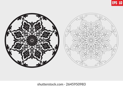 Black lace round frame plate. Traditional ornament. Oriental black round pattern with arabesques. For ceramic, embroidery, sandblasting, laser. Islam, Indian, Round design prints on white background.