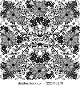 Black lace seamless pattern of flowers and leaves. Vector illustration.