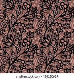 Black lace seamless pattern with flowers on beige background