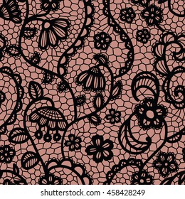 Black lace seamless pattern with flowers on beige background