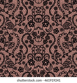 Black lace seamless pattern with flowers on beige background