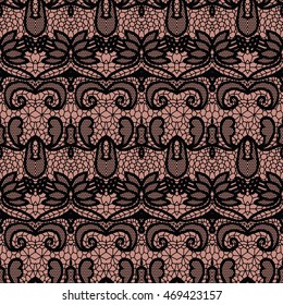 Black lace seamless pattern with flowers on beige background