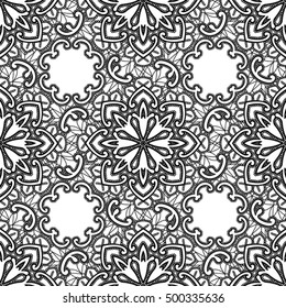 Black Lace seamless pattern with flowers on white background - fabric design.