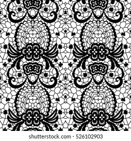 Black lace seamless pattern with flowers on white background.