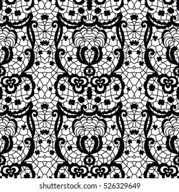 Black lace seamless pattern with flowers on white background.