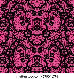 Black lace seamless pattern with flowers on pink background