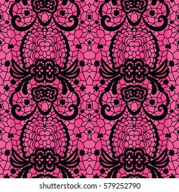 Black lace seamless pattern with flowers on pink background