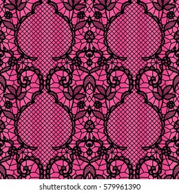Black lace seamless pattern with flowers on pink background