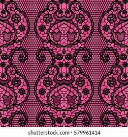 Black lace seamless pattern with flowers on pink background