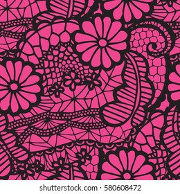 Black lace seamless pattern with flowers on pink background