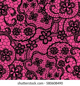 Patrón transparente de encaje negro con flores sobre fondo rosa