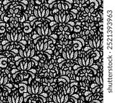 Black lace seamless pattern is perfect for stunningly elegant designs and beautiful backgrounds. Floral sheer fabric. Abstract flowers