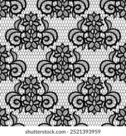 Black lace seamless pattern is perfect for stunningly elegant designs and beautiful backgrounds. Floral sheer fabric. Abstract flowers