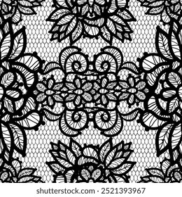 O padrão sem costura de renda preta é perfeito para designs incrivelmente elegantes e planos de fundo bonitos. Tecido floral puro. Flores abstratas