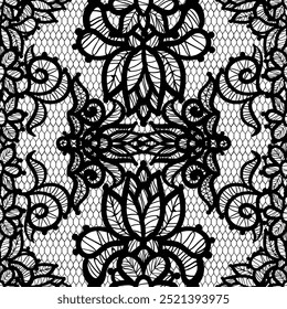 O padrão sem costura de renda preta é perfeito para designs incrivelmente elegantes e planos de fundo bonitos. Tecido floral puro. Flores abstratas