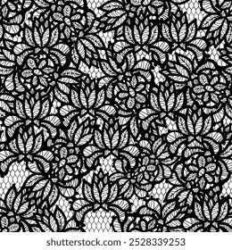 O padrão sem costura de renda preta é perfeito para designs incrivelmente elegantes e planos de fundo bonitos. Tecido floral puro. Flores abstratas