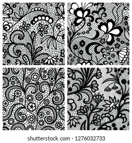 Black lace seamless patterns with flowers on white background
