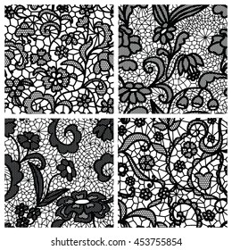 Black lace seamless patterns with flowers on white background