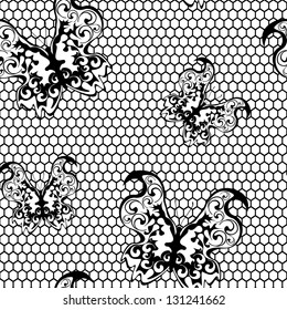 Black lace seamless vector - lacy fabric pattern with butterfly (possible to change the background color)