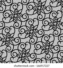 Black lace texture on white, seamless vector pattern