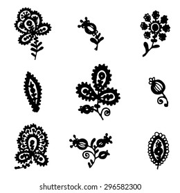 Black lace vector design. Old lace background, ornamental flowers like the embroidery in Russian style. Floral background. Backdrop for wedding invitation and retro cards