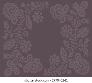 Black lace vector design. Old lace background, ornamental flowers like the embroidery in Russian style. Floral background. Backdrop for wedding invitation and retro cards