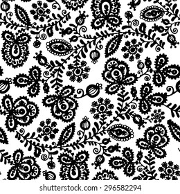 Black lace vector design. Seamless Pattern. Old lace background, ornamental flowers like the embroidery in Russian style. Floral background. Backdrop for wedding invitation and retro cards